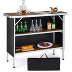 Table de camping pliante Costway, table de pique-nique portable en aluminium avec étagères à 2 niveaux, noir/café