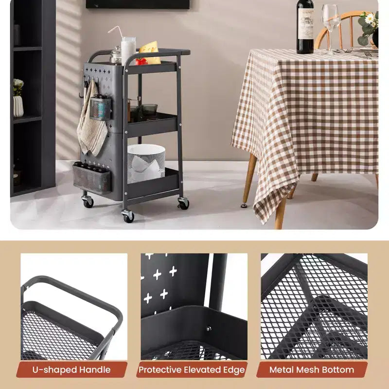 Costway Chariot de Rangement Roulant à 3 Niveaux avec Double Panneau Perforé DIY, Chariot de Service en Métal Mobile sur Roues pour Cuisine, Bureau