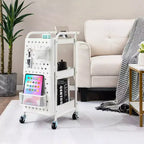 Costway Chariot de Rangement Roulant à 3 Niveaux avec Double Panneau Perforé DIY, Chariot de Service en Métal Mobile sur Roues pour Cuisine, Bureau