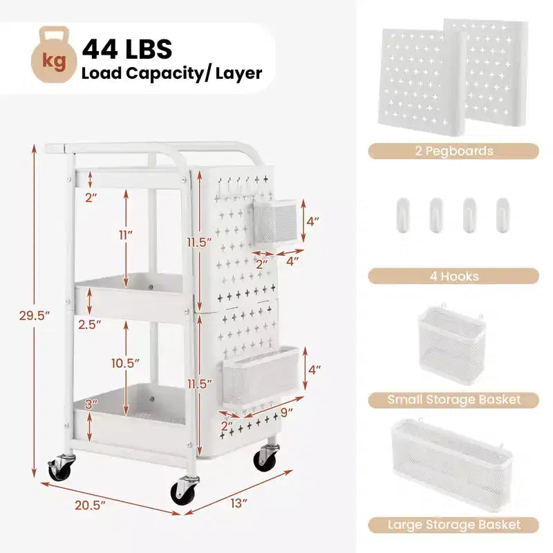 Costway Chariot de Rangement Roulant à 3 Niveaux avec Double Panneau Perforé DIY, Chariot de Service en Métal Mobile sur Roues pour Cuisine, Bureau