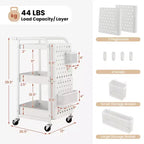Costway Chariot de Rangement Roulant à 3 Niveaux avec Double Panneau Perforé DIY, Chariot de Service en Métal Mobile sur Roues pour Cuisine, Bureau