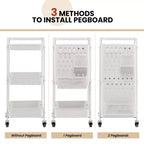 Costway Chariot de Rangement Roulant à 3 Niveaux avec Double Panneau Perforé DIY, Chariot de Service en Métal Mobile sur Roues pour Cuisine, Bureau