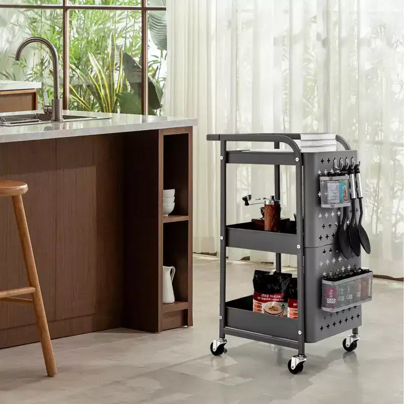 Costway Chariot de Rangement Roulant à 3 Niveaux avec Double Panneau Perforé DIY, Chariot de Service en Métal Mobile sur Roues pour Cuisine, Bureau