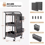 Costway Chariot de Rangement Roulant à 3 Niveaux avec Double Panneau Perforé DIY, Chariot de Service en Métal Mobile sur Roues pour Cuisine, Bureau