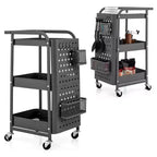 Costway Chariot de Rangement Roulant à 3 Niveaux avec Double Panneau Perforé DIY, Chariot de Service en Métal Mobile sur Roues pour Cuisine, Bureau