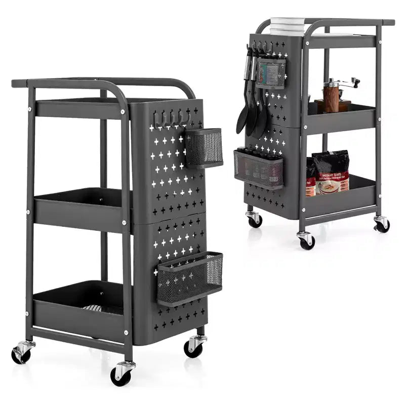 Costway Chariot de Rangement Roulant à 3 Niveaux avec Double Panneau Perforé DIY, Chariot de Service en Métal Mobile sur Roues pour Cuisine, Bureau