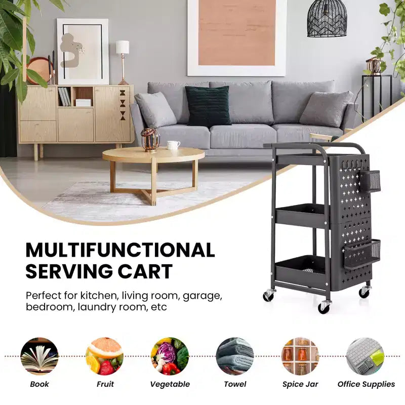 Costway Chariot de Rangement Roulant à 3 Niveaux avec Double Panneau Perforé DIY, Chariot de Service en Métal Mobile sur Roues pour Cuisine, Bureau
