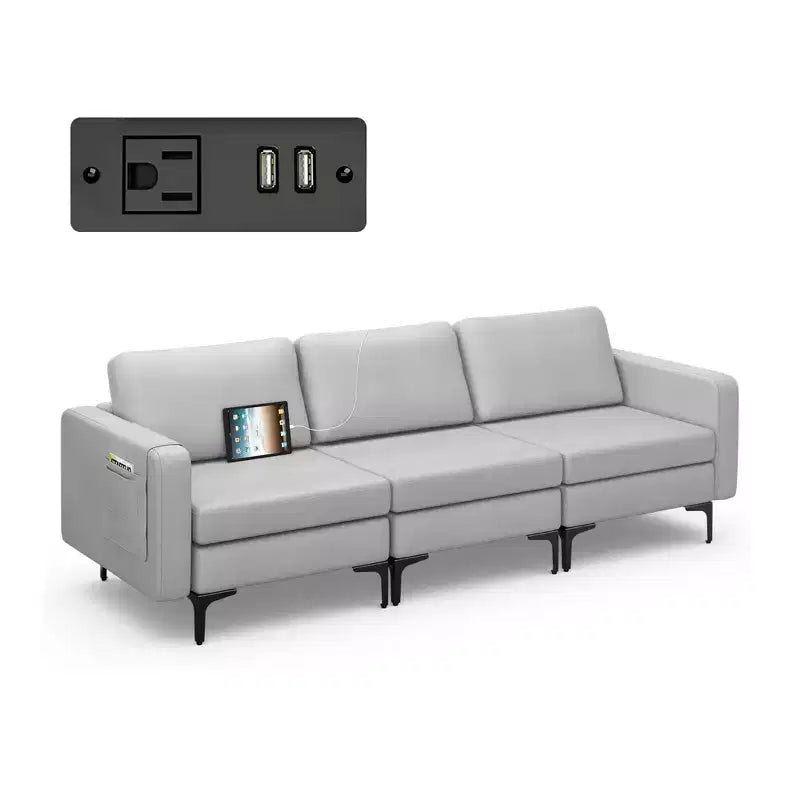 Canapé modulaire 3 places Costway avec ports USB et poche latérale de rangement