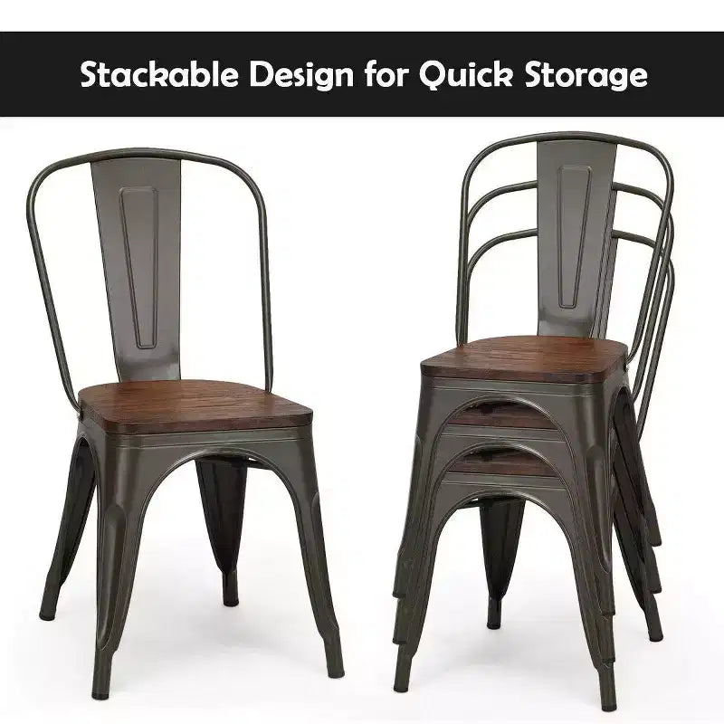 Costway Lot de 4 chaises de salle à manger en métal, assise en bois, empilables