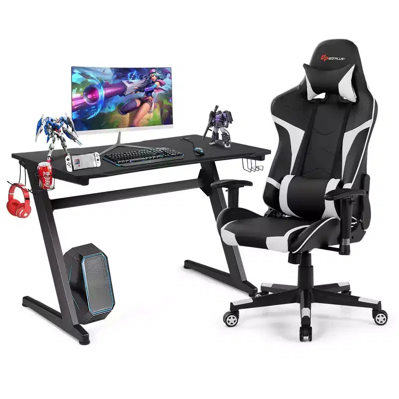 Ensemble de bureau en forme de Z et chaise de jeu de massage de style course Costway pour bureau à domicile