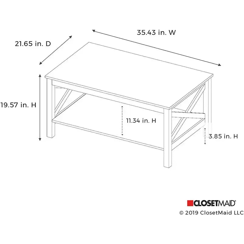 Table basse ClosetMaid design en X avec étagère de rangement pour salon, sous-sol ou bureau, blanc