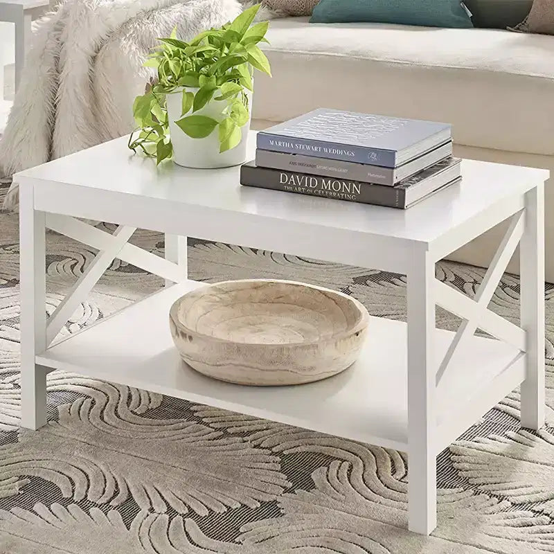 Table basse ClosetMaid design en X avec étagère de rangement pour salon, sous-sol ou bureau, blanc