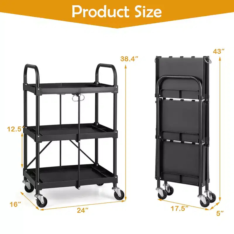 Chariot de service pliable Costway robuste à 3 niveaux avec 4 roues
