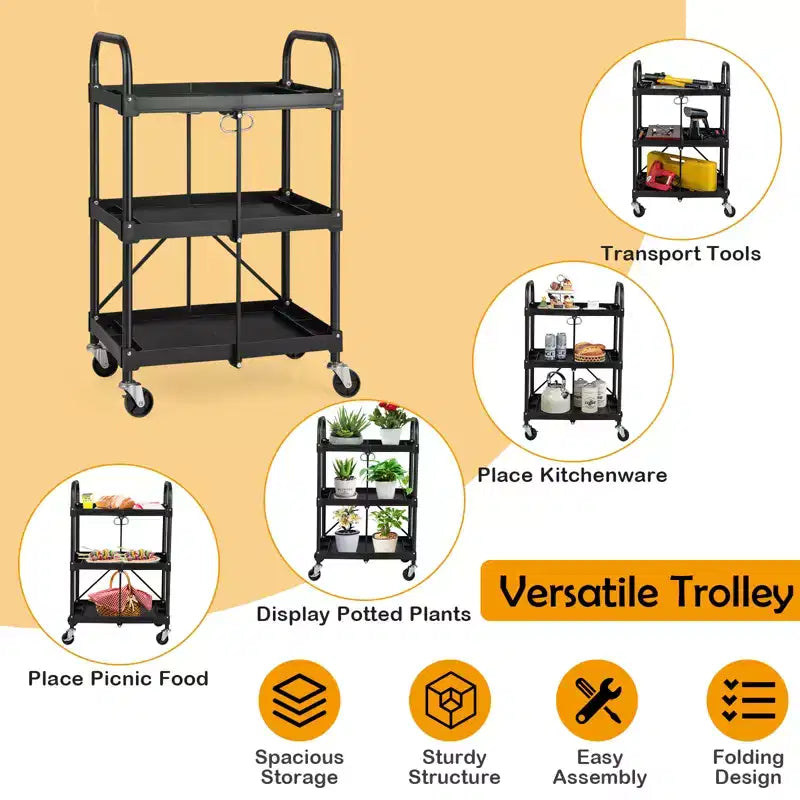 Chariot de service pliable Costway robuste à 3 niveaux avec 4 roues