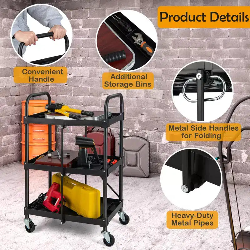 Chariot de service pliable Costway robuste à 3 niveaux avec 4 roues