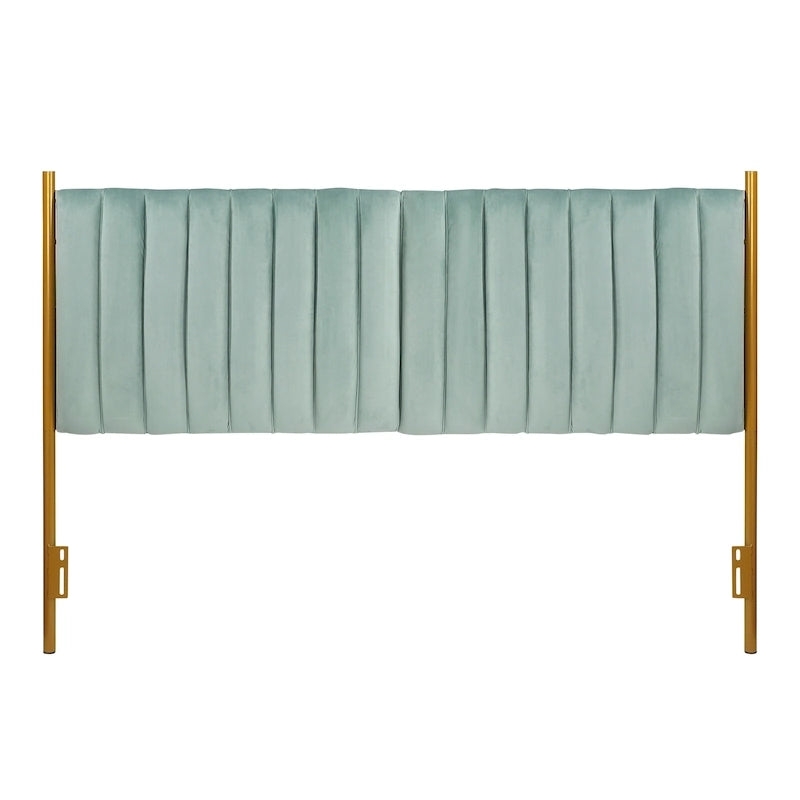 Tête de lit King en velours capitonné avec touffes verticales et cadre en métal doré – Crème / Noir / Gris / Vert Sauge, pour 1 à 2 personnes