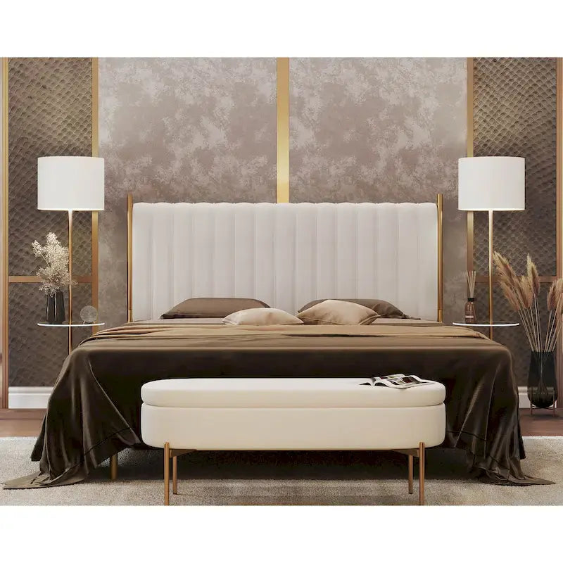 Tête de lit King en velours capitonné avec touffes verticales et cadre en métal doré – Crème / Noir / Gris / Vert Sauge, pour 1 à 2 personnes