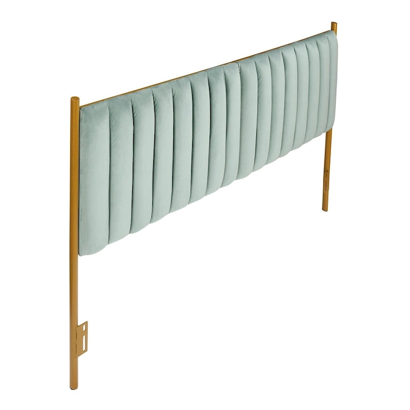 Tête de lit King en velours capitonné avec touffes verticales et cadre en métal doré – Crème / Noir / Gris / Vert Sauge, pour 1 à 2 personnes