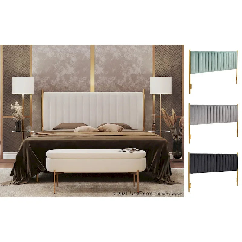 Tête de lit King en velours capitonné avec touffes verticales et cadre en métal doré – Crème / Noir / Gris / Vert Sauge, pour 1 à 2 personnes
