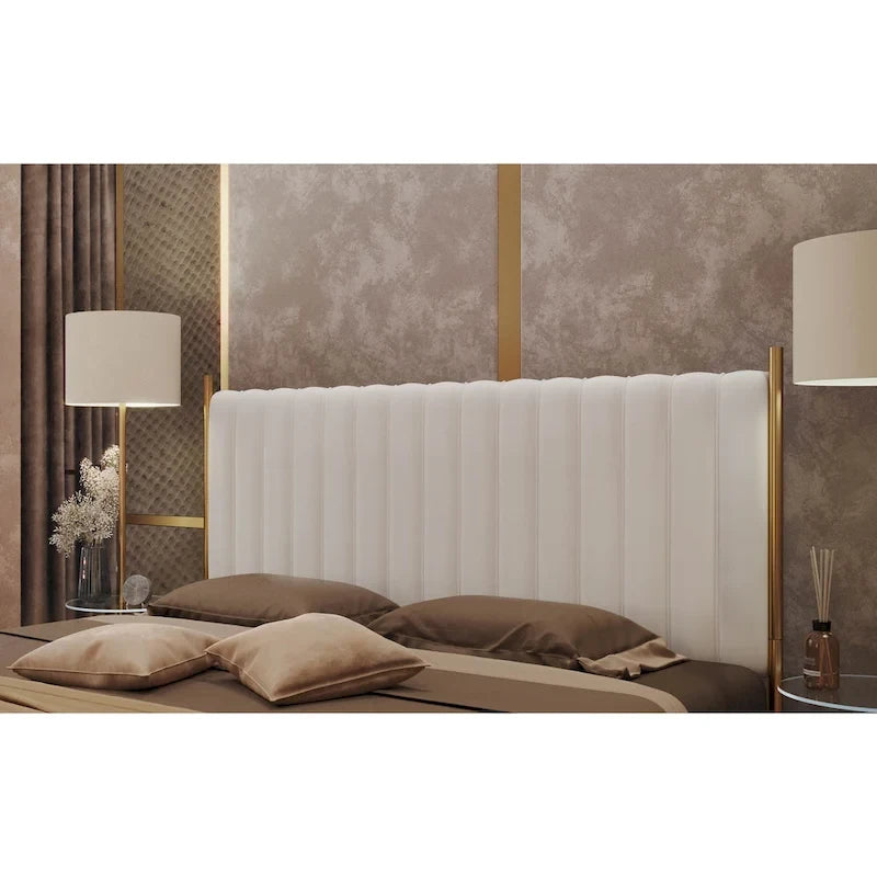 Tête de lit King en velours capitonné avec touffes verticales et cadre en métal doré – Crème / Noir / Gris / Vert Sauge, pour 1 à 2 personnes