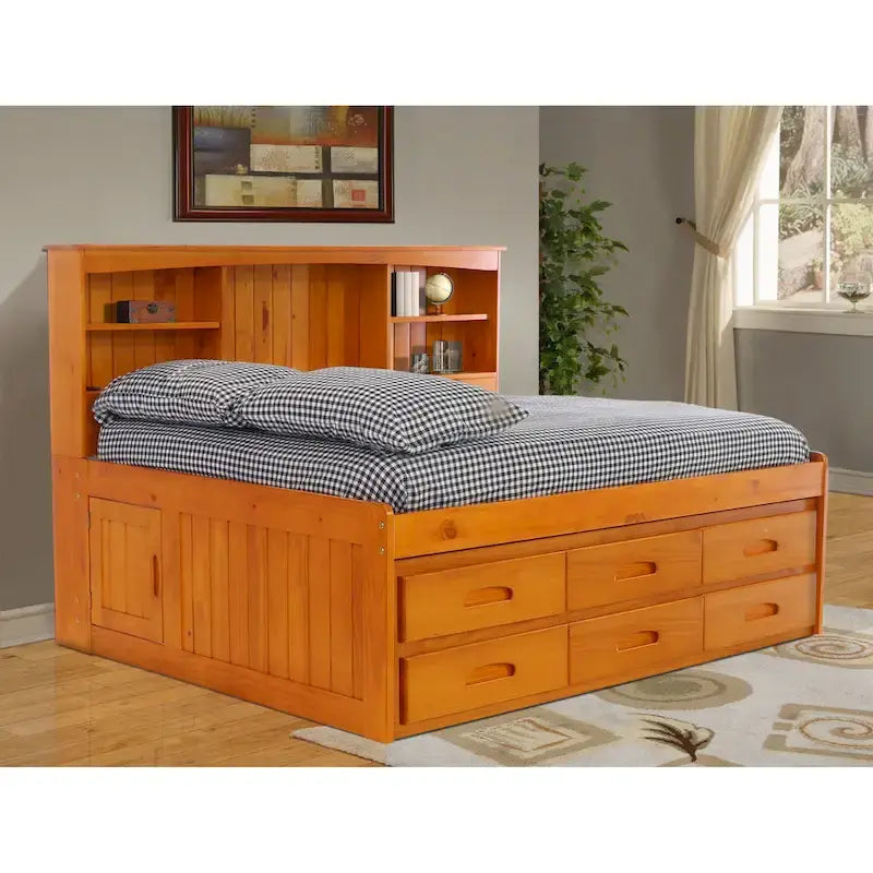 Honey Solid Pine Bookcase Headboard Daybed with 6 Drawers – Full, Single Sleeper
