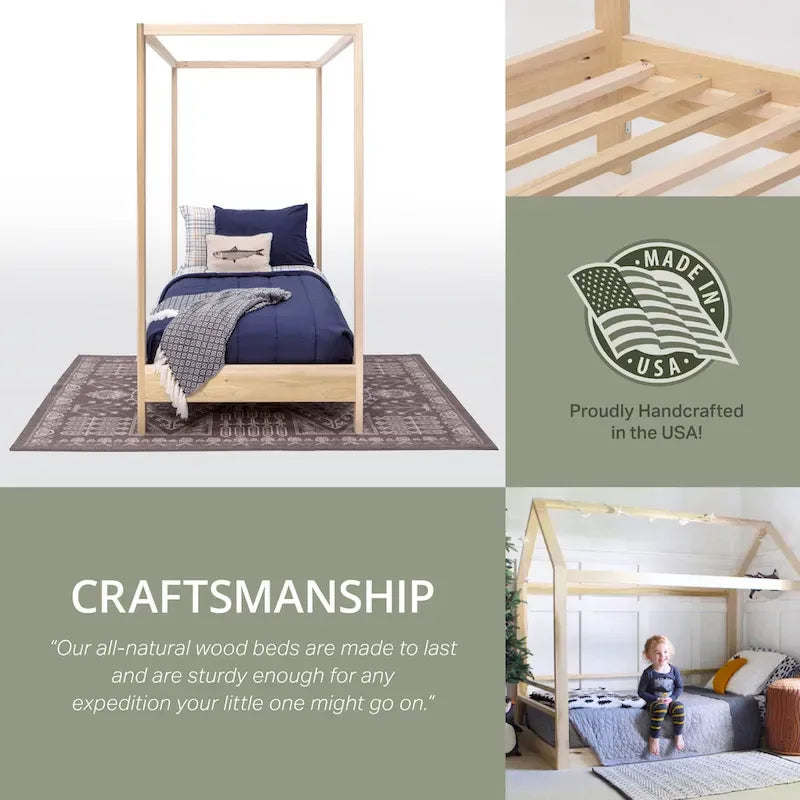 Twin Size Canopy Bed with Raised Platform and Solid Poplar Frame – Natural / Unfinished, for 1 Person