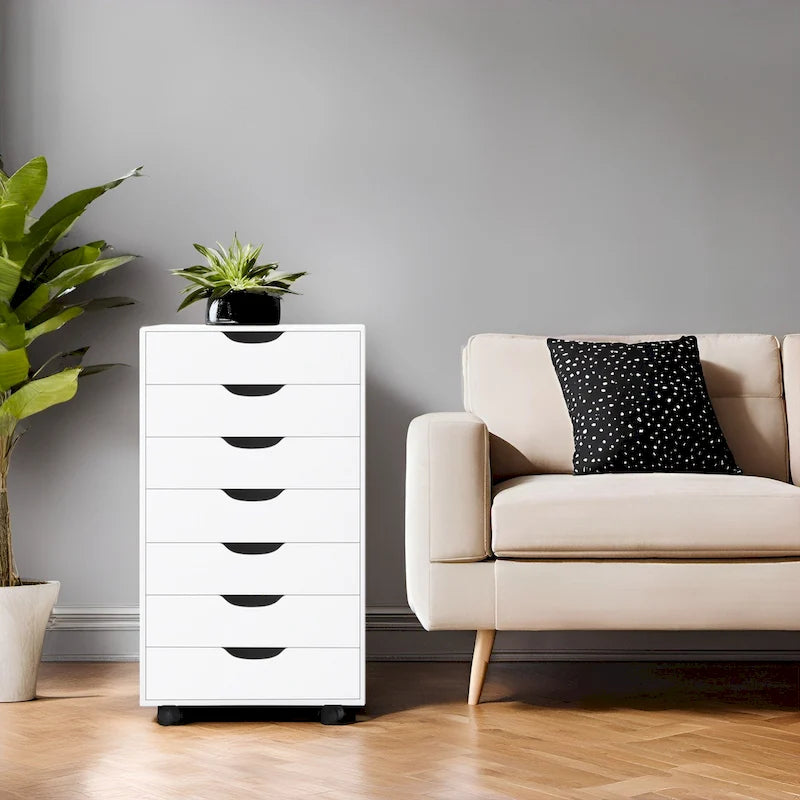 Meuble de rangement roulant à 7 tiroirs avec roulettes pivotantes – Unité simple – Gris / Blanc / Noir / Noir vieilli / Chêne vintage / Chêne gris / Naturel / Chêne marron / Marron rustique