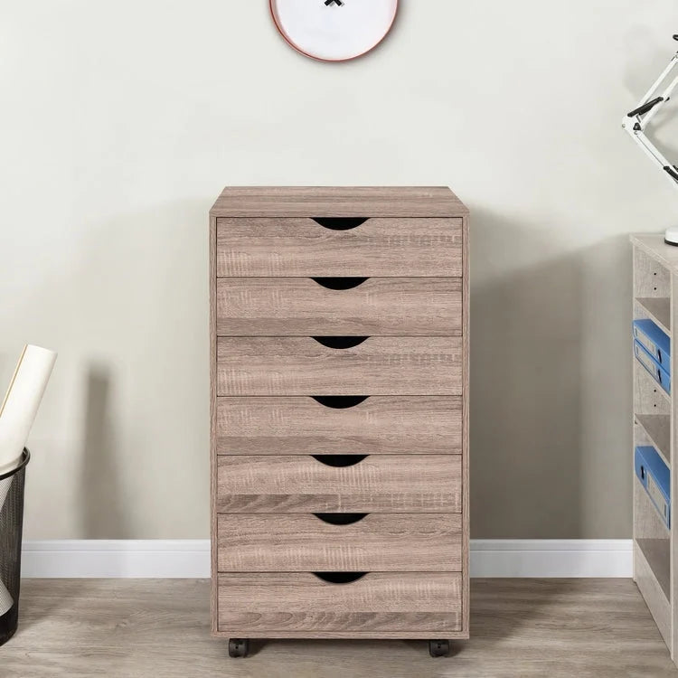 Grey / White / Black / Distressed Black / Vintage Oak / Gray Oak / Natural / Brown Oak / Rustic Brown 7-Drawer Rolling Storage Cabinet with Swivel Casters – Single Unit