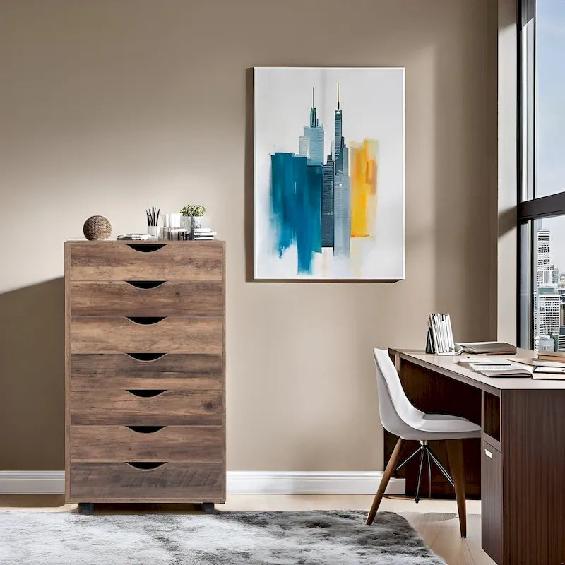Meuble de rangement roulant à 7 tiroirs avec roulettes pivotantes – Unité simple – Gris / Blanc / Noir / Noir vieilli / Chêne vintage / Chêne gris / Naturel / Chêne marron / Marron rustique