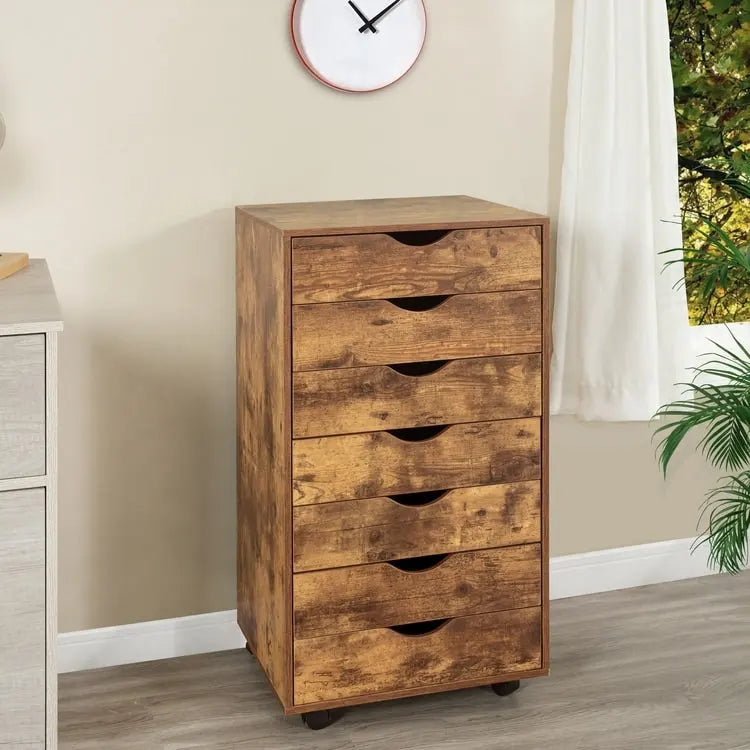 Meuble de rangement roulant à 7 tiroirs avec roulettes pivotantes – Unité simple – Gris / Blanc / Noir / Noir vieilli / Chêne vintage / Chêne gris / Naturel / Chêne marron / Marron rustique