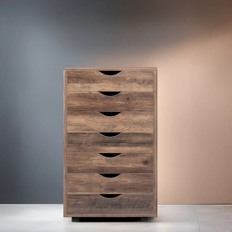 Meuble de rangement roulant à 7 tiroirs avec roulettes pivotantes – Unité simple – Gris / Blanc / Noir / Noir vieilli / Chêne vintage / Chêne gris / Naturel / Chêne marron / Marron rustique