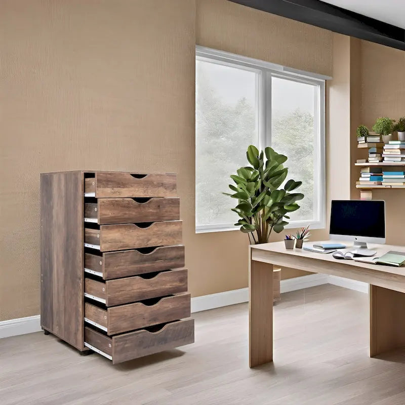 Meuble de rangement roulant à 7 tiroirs avec roulettes pivotantes – Unité simple – Gris / Blanc / Noir / Noir vieilli / Chêne vintage / Chêne gris / Naturel / Chêne marron / Marron rustique