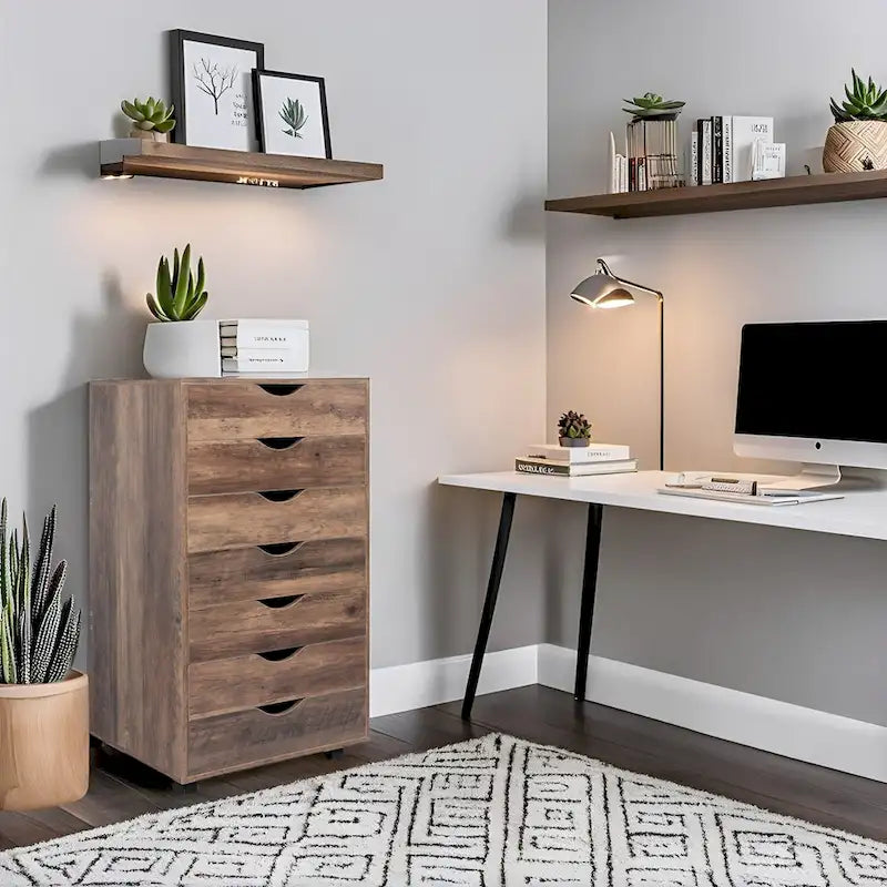 Meuble de rangement roulant à 7 tiroirs avec roulettes pivotantes – Unité simple – Gris / Blanc / Noir / Noir vieilli / Chêne vintage / Chêne gris / Naturel / Chêne marron / Marron rustique