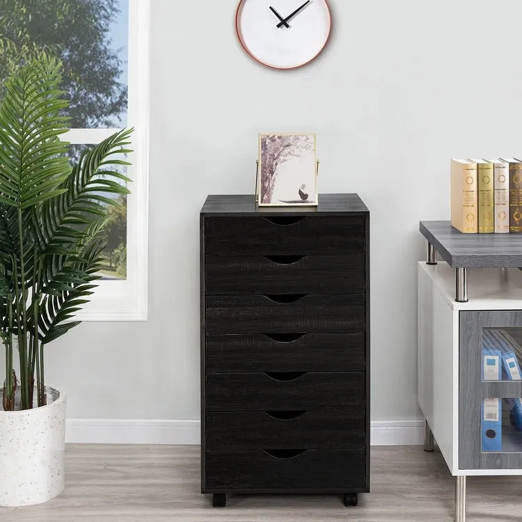 Meuble de rangement roulant à 7 tiroirs avec roulettes pivotantes – Unité simple – Gris / Blanc / Noir / Noir vieilli / Chêne vintage / Chêne gris / Naturel / Chêne marron / Marron rustique