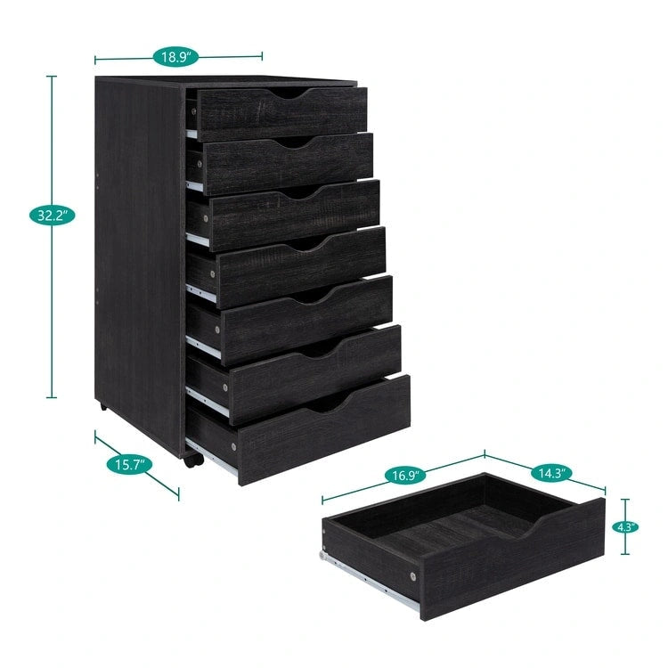 Meuble de rangement roulant à 7 tiroirs avec roulettes pivotantes – Unité simple – Gris / Blanc / Noir / Noir vieilli / Chêne vintage / Chêne gris / Naturel / Chêne marron / Marron rustique