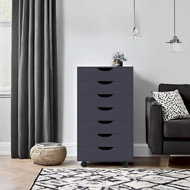Meuble de rangement roulant à 7 tiroirs avec roulettes pivotantes – Unité simple – Gris / Blanc / Noir / Noir vieilli / Chêne vintage / Chêne gris / Naturel / Chêne marron / Marron rustique