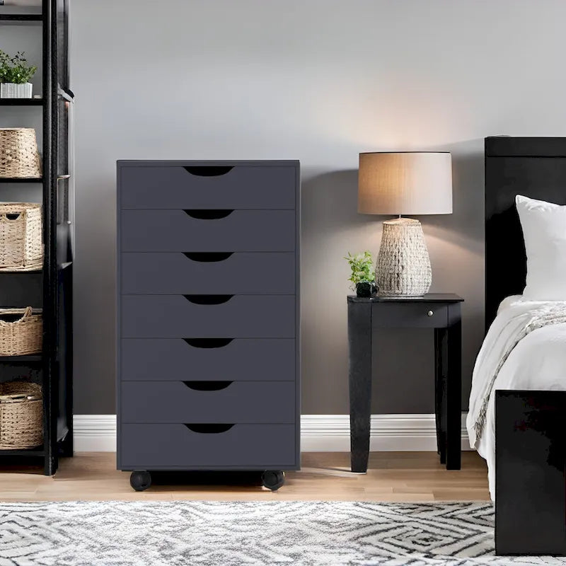 Meuble de rangement roulant à 7 tiroirs avec roulettes pivotantes – Unité simple – Gris / Blanc / Noir / Noir vieilli / Chêne vintage / Chêne gris / Naturel / Chêne marron / Marron rustique