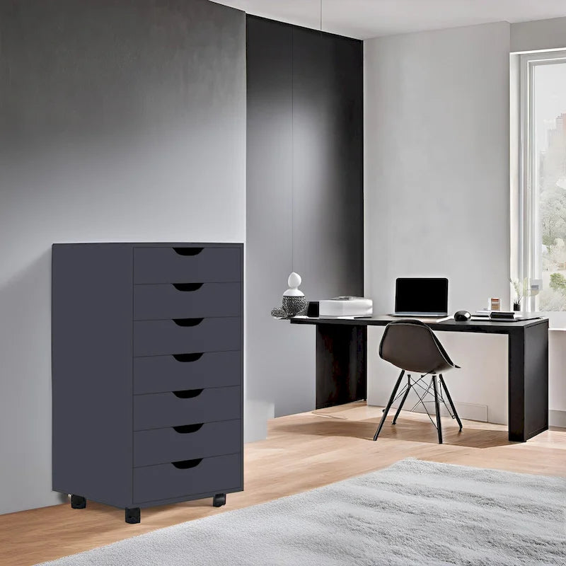 Meuble de rangement roulant à 7 tiroirs avec roulettes pivotantes – Unité simple – Gris / Blanc / Noir / Noir vieilli / Chêne vintage / Chêne gris / Naturel / Chêne marron / Marron rustique