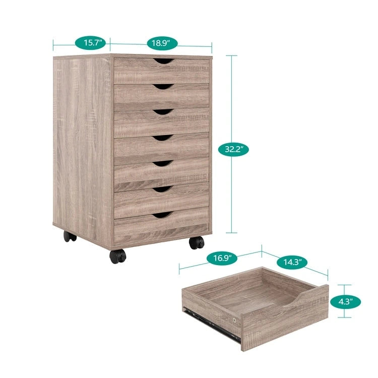 Meuble de rangement roulant à 7 tiroirs avec roulettes pivotantes – Unité simple – Gris / Blanc / Noir / Noir vieilli / Chêne vintage / Chêne gris / Naturel / Chêne marron / Marron rustique