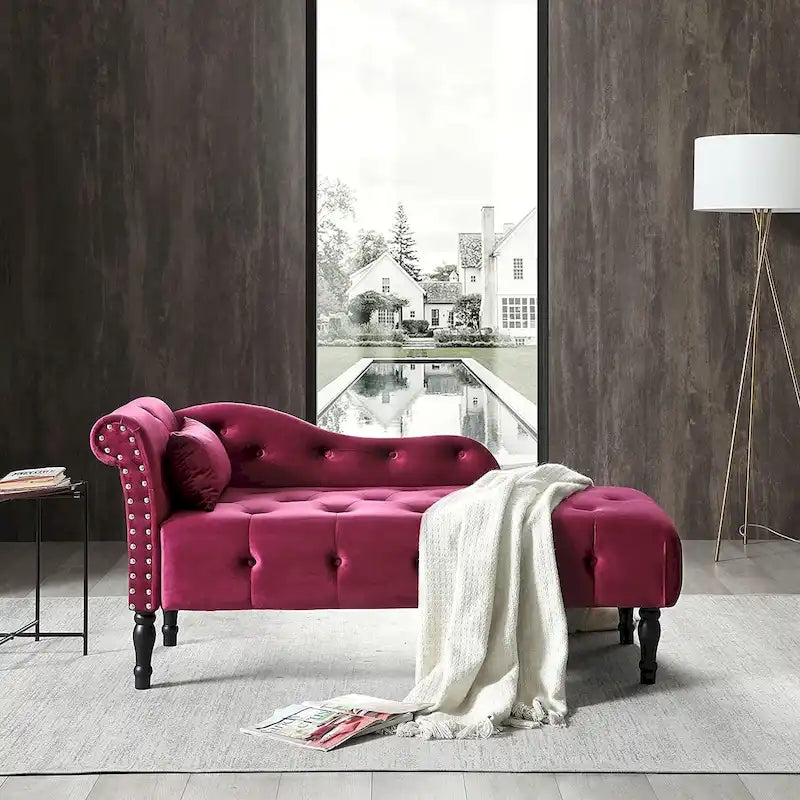 Chaise longue en velours 61 po avec 1 oreiller et garniture cloutée