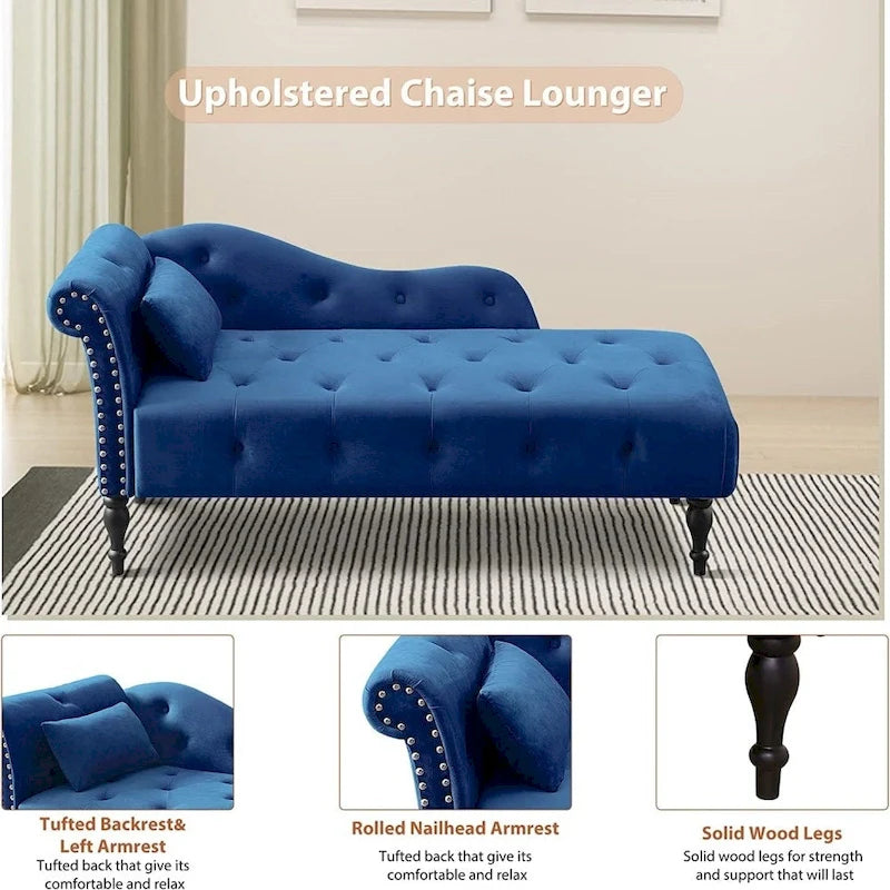 Chaise longue en velours 61 po avec 1 oreiller et garniture cloutée