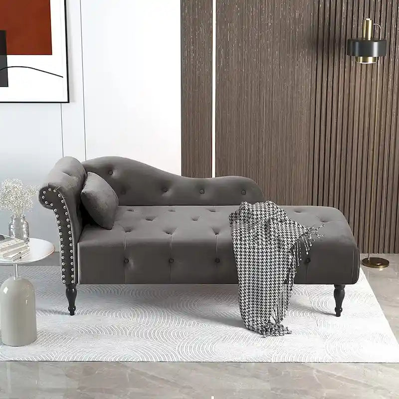 Chaise longue en velours 61 po avec 1 oreiller et garniture cloutée
