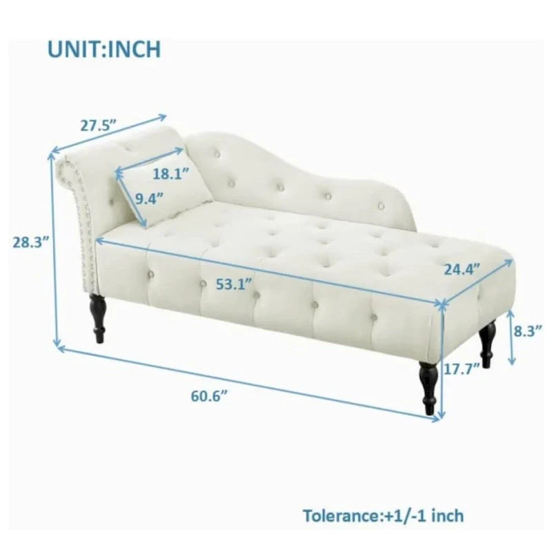 Chaise longue en velours 61 po avec 1 oreiller et garniture cloutée