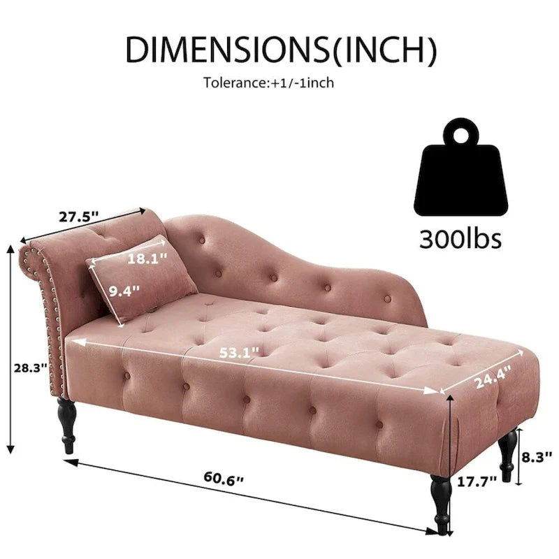Chaise longue en velours 61 po avec 1 oreiller et garniture cloutée