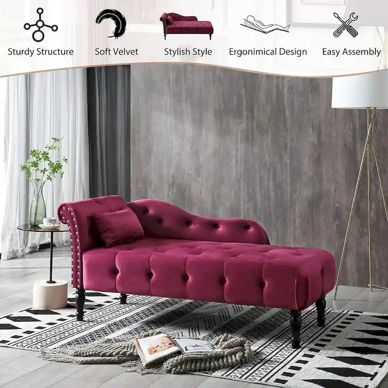 Chaise longue en velours 61 po avec 1 oreiller et garniture cloutée