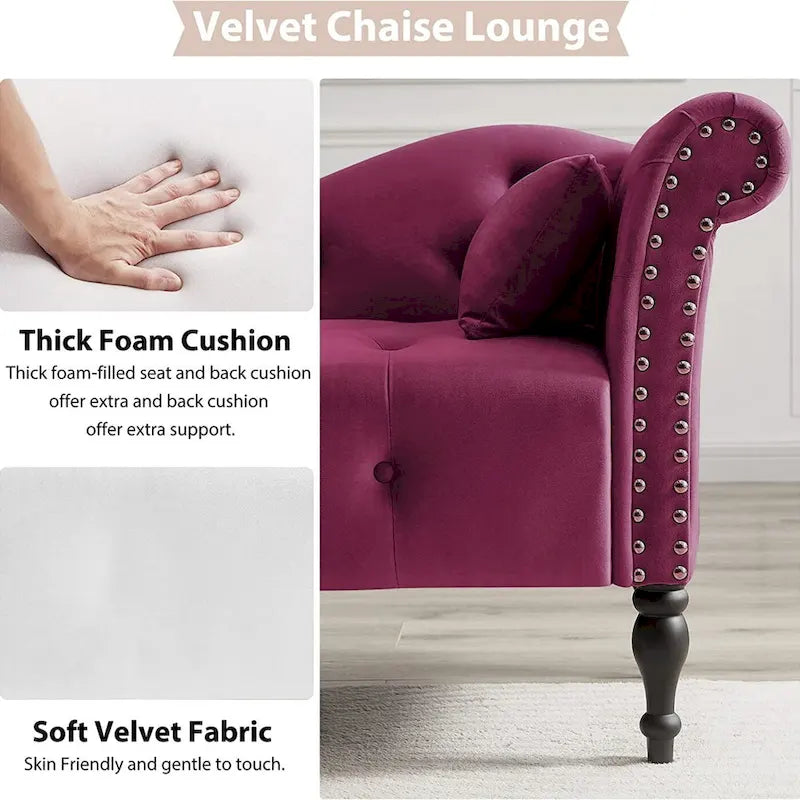 Chaise longue en velours 61 po avec 1 oreiller et garniture cloutée