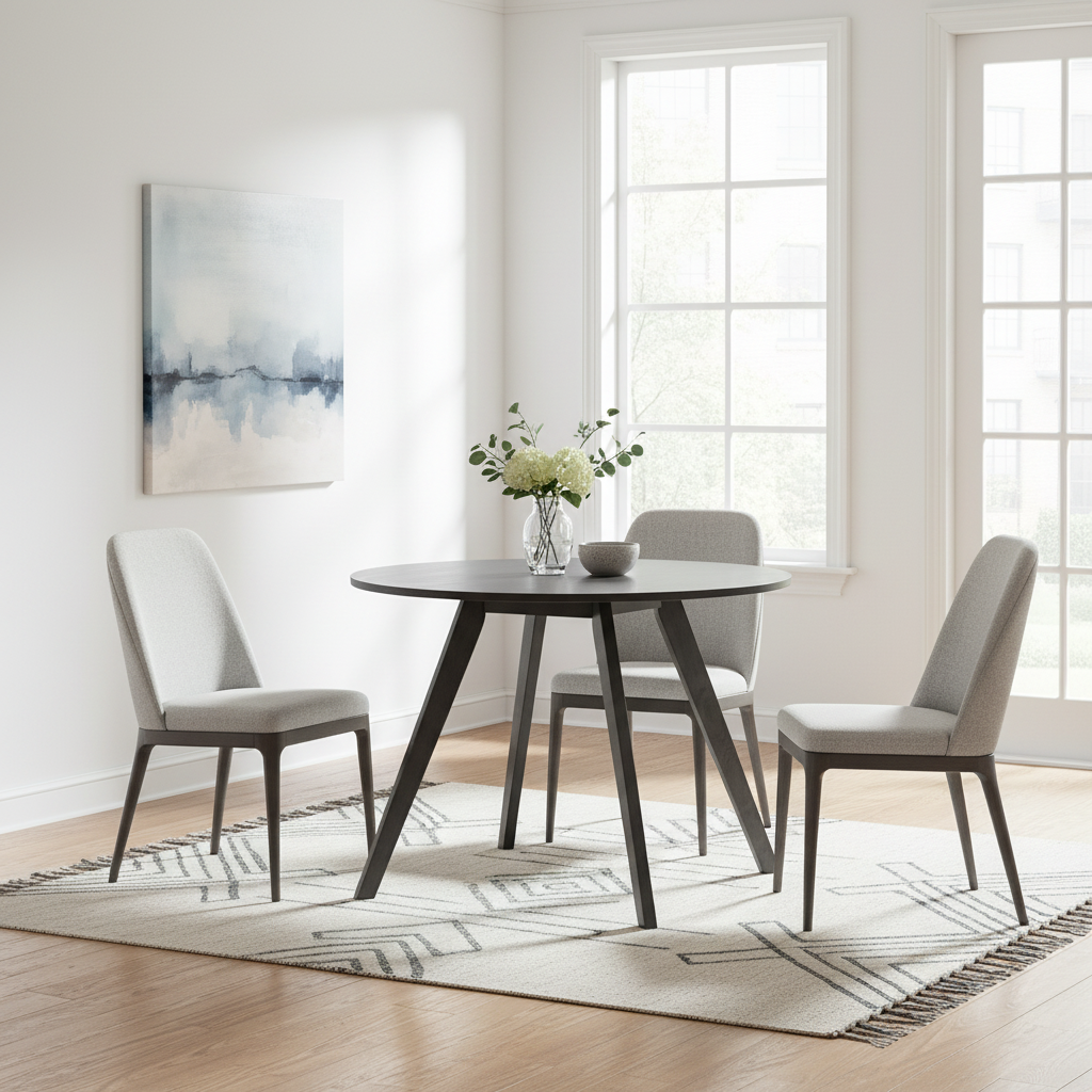 39.5" Round Solid Wood Dining Table with Veneered Top and Splayed Legs – Walnut / Natural Oak / Grey, for 4 People