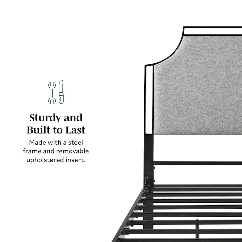 Queen Upholstered Curved Metal Bed Frame with Removable Headboard Insert – Grey / Tan, for 1–2 People