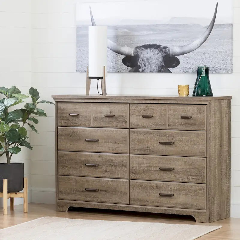 Commode double à 8 tiroirs avec glissières souples, bords biseautés et poignées métalliques – Érable Gris / Chêne vieilli, pour 1 personne / ménage