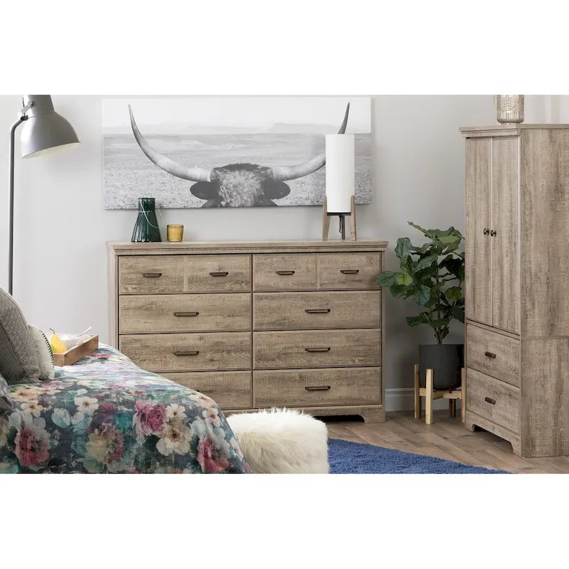 Commode double à 8 tiroirs avec glissières souples, bords biseautés et poignées métalliques – Érable Gris / Chêne vieilli, pour 1 personne / ménage